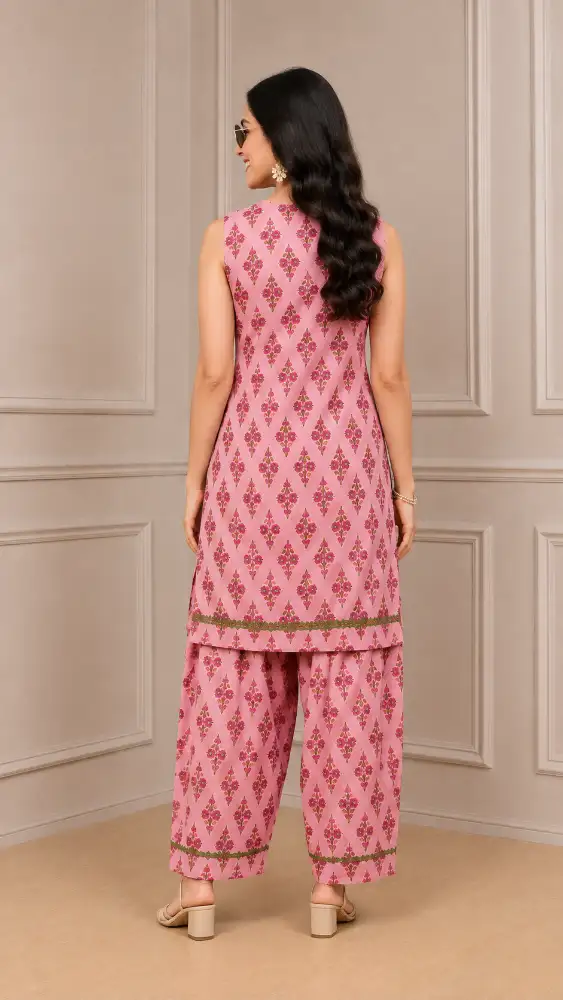 Viscose Printed Sleeveless Kurta Palazzo Set Back